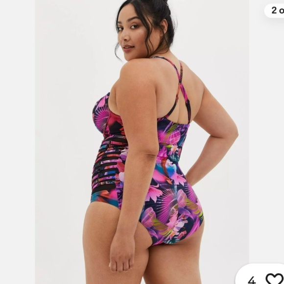 Torrid Slim Fix Underwire Lattice Side One Piece Swimsuit Multi Leaves Bathing - Picture 4 of 11